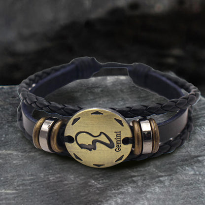 12 Zodiac Brass Leather Bracelet