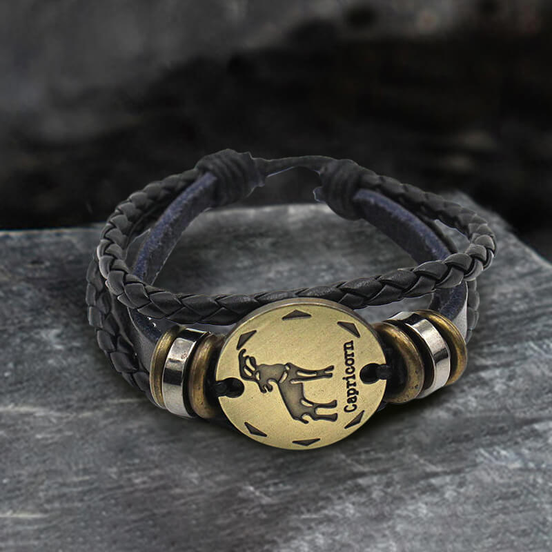 12 Zodiac Brass Leather Bracelet