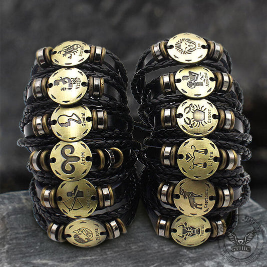 12 Zodiac Brass Leather Bracelet