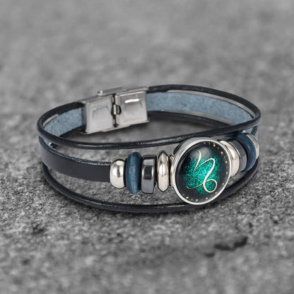 12 Constellation Multi-layer Leather Stainless Steel Bracelet