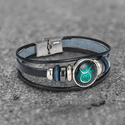12 Constellation Multi-layer Leather Stainless Steel Bracelet