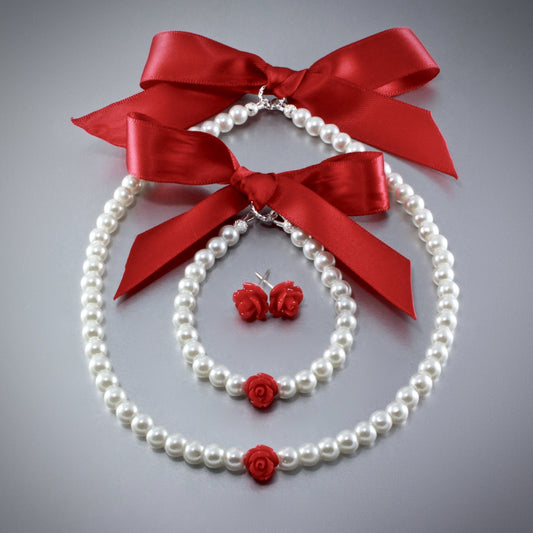 "Isabelle" - Pearl and Rose Flower Girl Necklace, Bracelet and Earrings Set