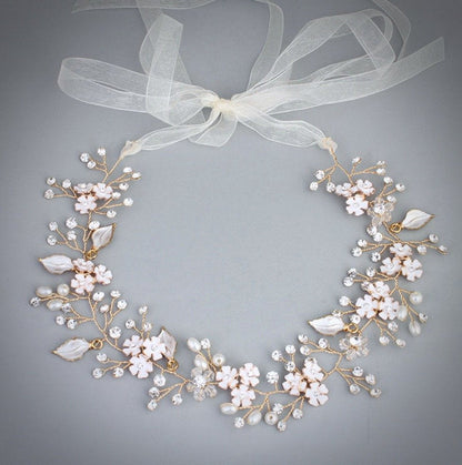 "Angelina" - Pearl and Crystal Bridal Headband - Available in Silver, Rose Gold and Yellow Gold