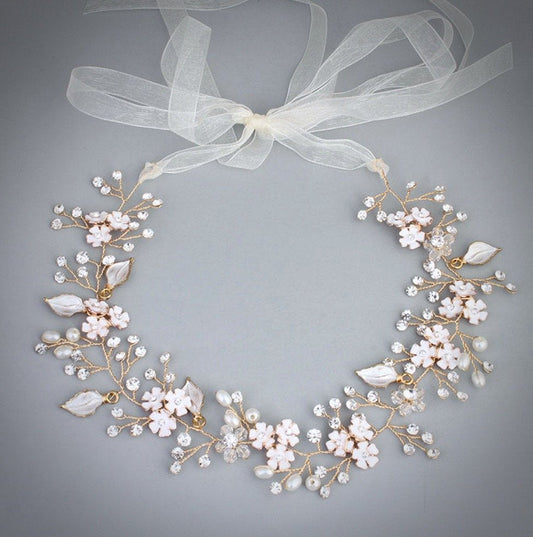 "Angelina" - Pearl and Crystal Bridal Headband - Available in Silver, Rose Gold and Yellow Gold