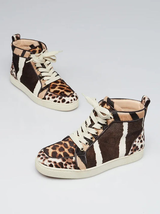 Christian Louboutin Animal Print Testa Di Moro Multicolor Calf Hair Rantus Orlato High-Top Sneakers Size 42EU / 9M