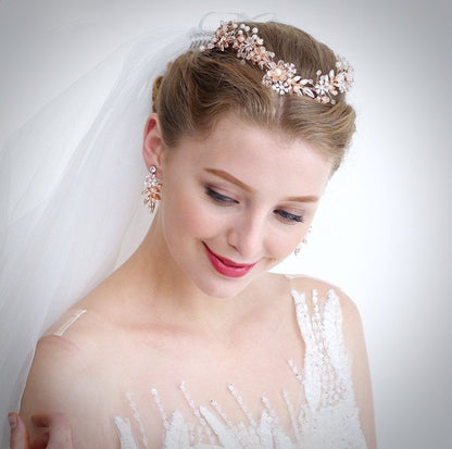 Mariah - Rose Gold Pearl and Crystal Bridal Headband With Matching Earrings