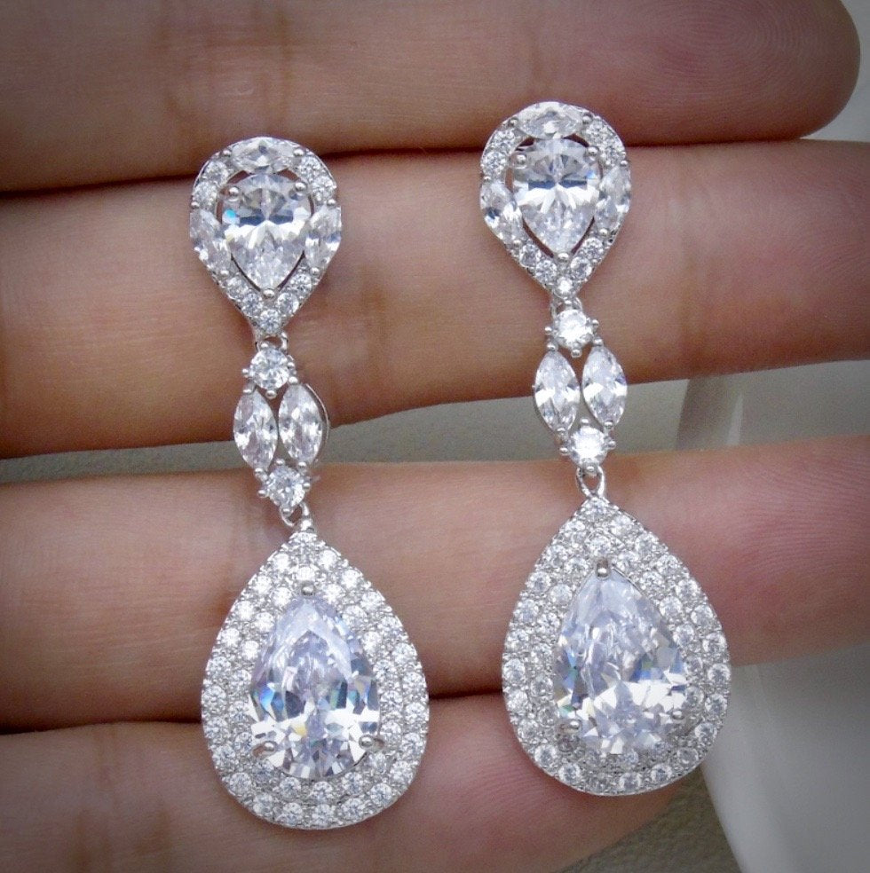 "Morning Star" - Cubic Zirconia Bridal Earrings - Available in Silver, Rose Gold and Yellow Gold