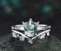 Pear moss agate ring white gold five stone leaf unique engagement ring set stacking wedding ring set women
