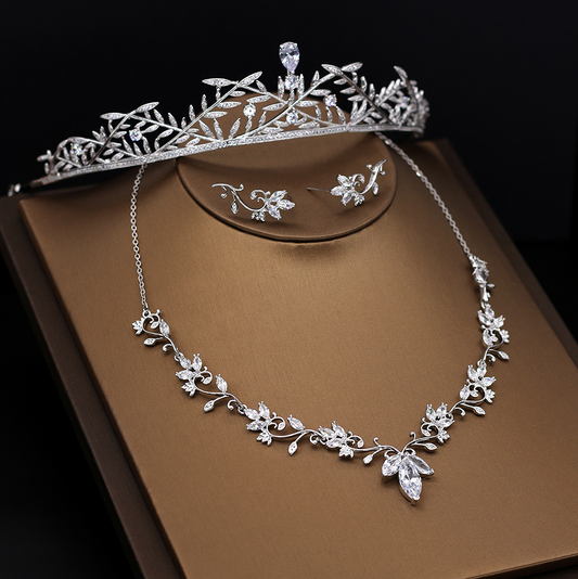 Julia - Silver Cubic Zirconia Bridal 3-Piece Jewelry Set With Tiara