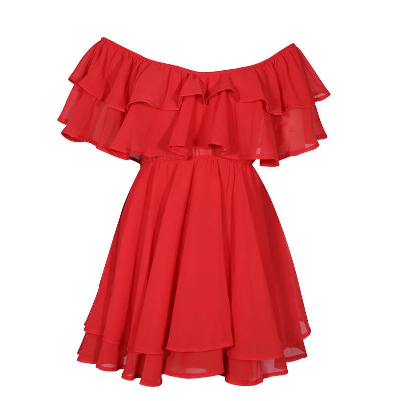 Chiffon Off The Shoulder Ruffle Layered Shirred Nimi Dress
