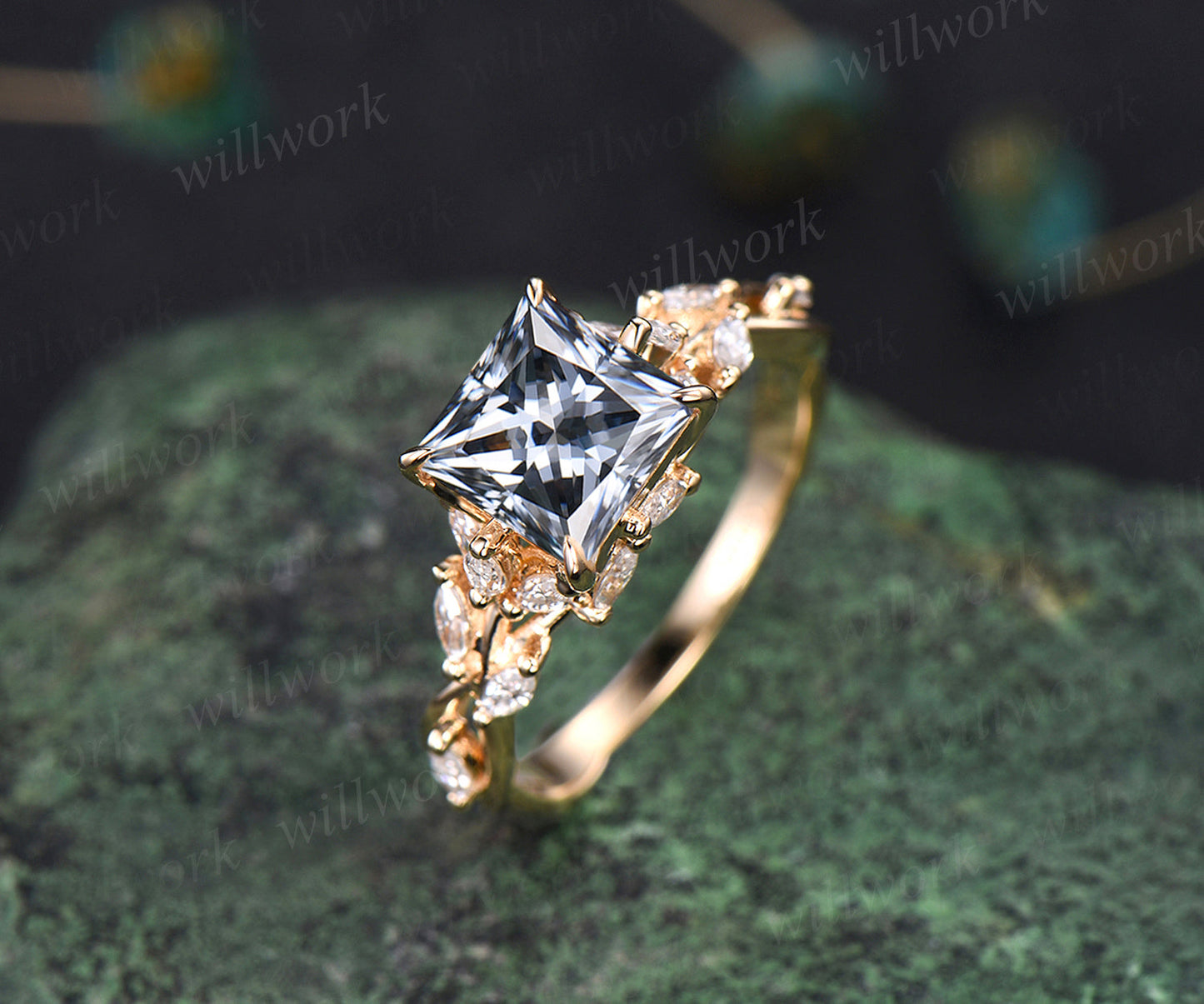 2ct princess cut gray moissanite engagement ring marquise moissanite cluster twig band proposal ring floral nature inspired ring for women