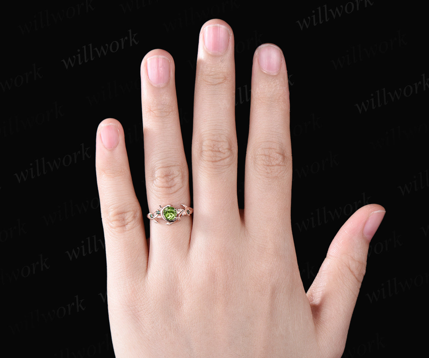 Vintage August Birthstone Round Cut Natural Peridot Engagement Ring 14k Rose Gold Emerald Moon Star Leaf Nature Inspired Bridal Ring Promise Gift