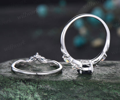 Pear Cut Galaxy Blue Sandstone Engagement Ring Unique Opal Alexandrite Five Stone Wedding Band Art Deco Leaf Vine Twig Branch Nature Inspired 2pcs Bridal Anniversary Ring Set Healing Jewelry