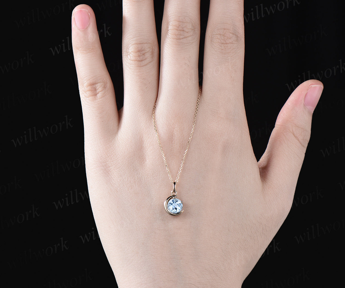 Minimalist March Birthstone Round Cut Natural Aquamarine Necklace Delicate 14k Yellow Gold Moon Pendant Solitaire Necklace Birthday Gift