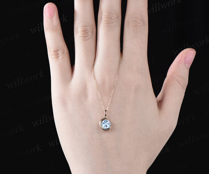Minimalist March Birthstone Round Cut Natural Aquamarine Necklace Delicate 14k Yellow Gold Moon Pendant Solitaire Necklace Birthday Gift