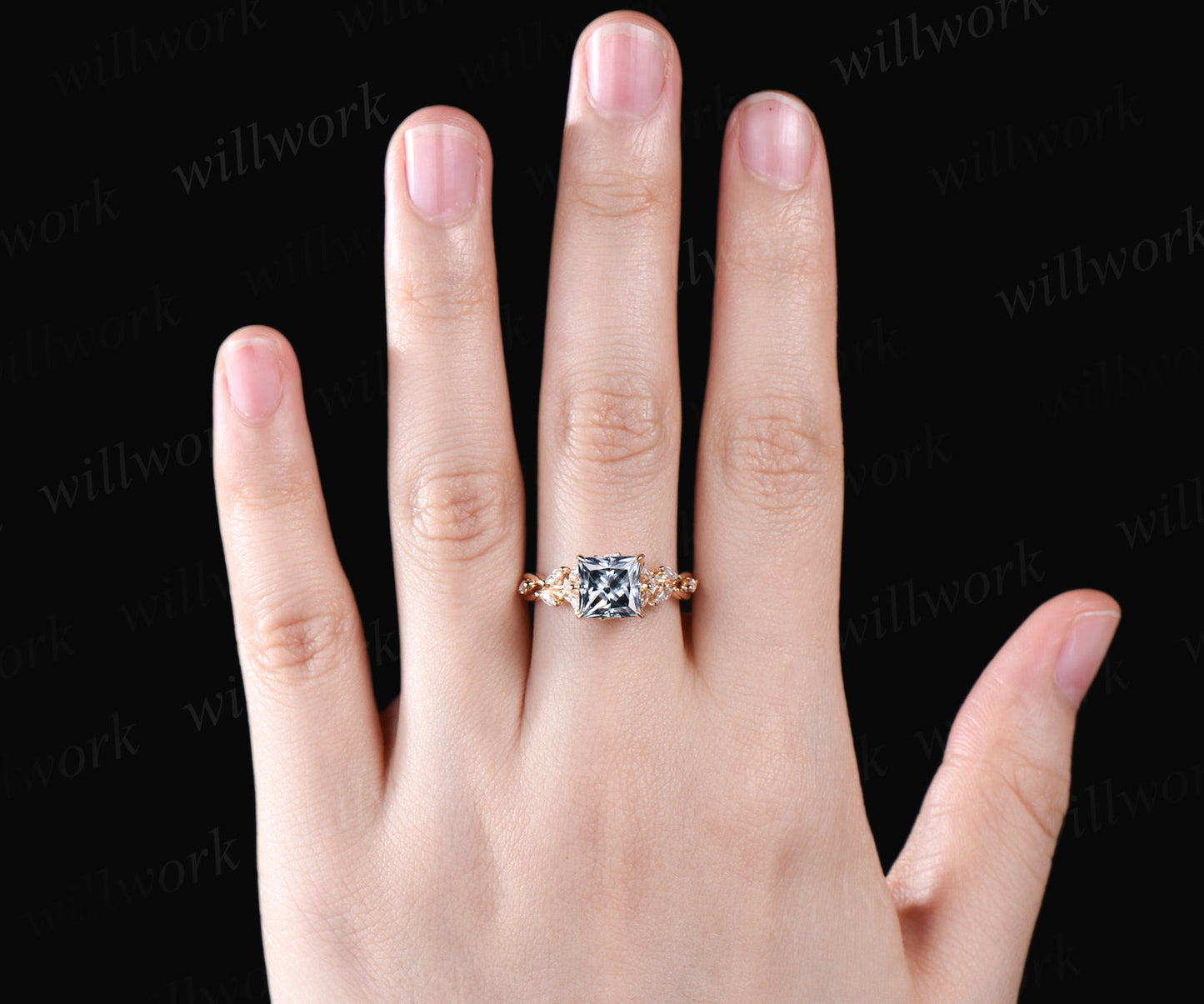 2ct princess cut gray moissanite engagement ring marquise moissanite cluster twig band proposal ring floral nature inspired ring for women