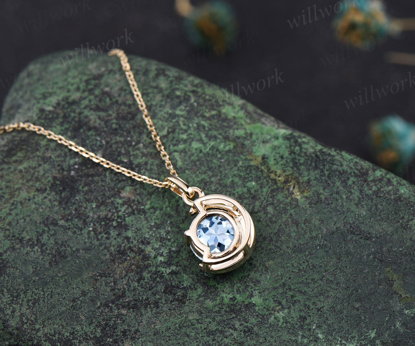 Minimalist March Birthstone Round Cut Natural Aquamarine Necklace Delicate 14k Yellow Gold Moon Pendant Solitaire Necklace Birthday Gift