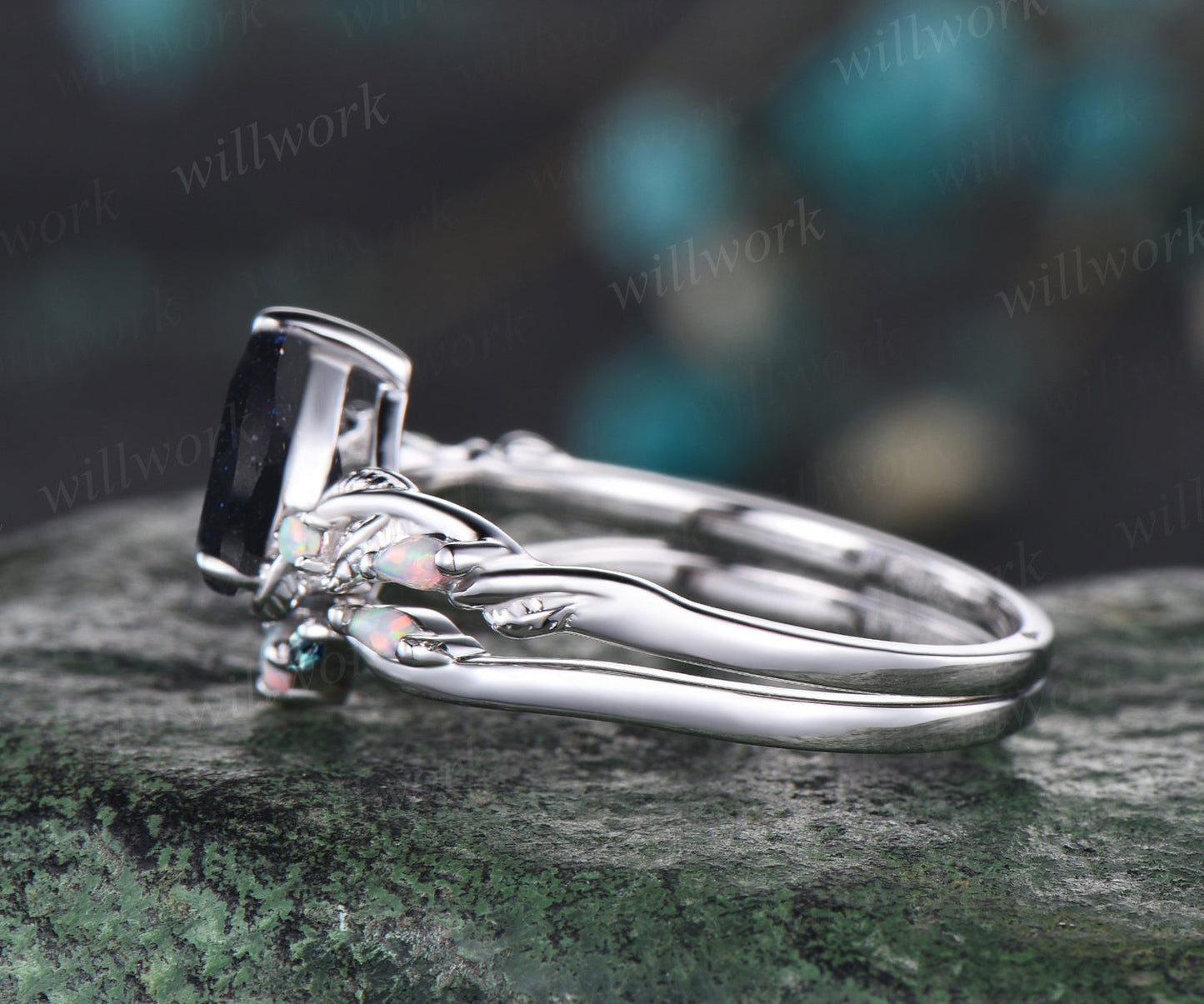 Pear Cut Galaxy Blue Sandstone Engagement Ring Unique Opal Alexandrite Five Stone Wedding Band Art Deco Leaf Vine Twig Branch Nature Inspired 2pcs Bridal Anniversary Ring Set Healing Jewelry