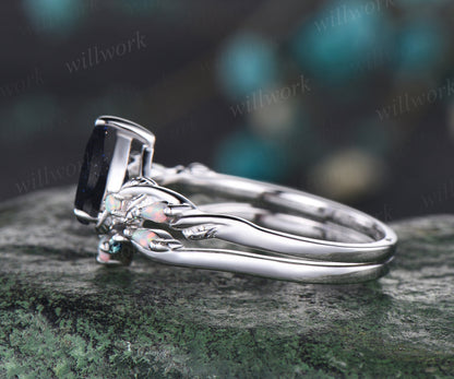 Pear Cut Galaxy Blue Sandstone Engagement Ring Unique Opal Alexandrite Five Stone Wedding Band Art Deco Leaf Vine Twig Branch Nature Inspired 2pcs Bridal Anniversary Ring Set Healing Jewelry