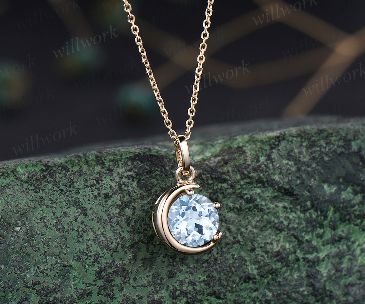 Minimalist March Birthstone Round Cut Natural Aquamarine Necklace Delicate 14k Yellow Gold Moon Pendant Solitaire Necklace Birthday Gift