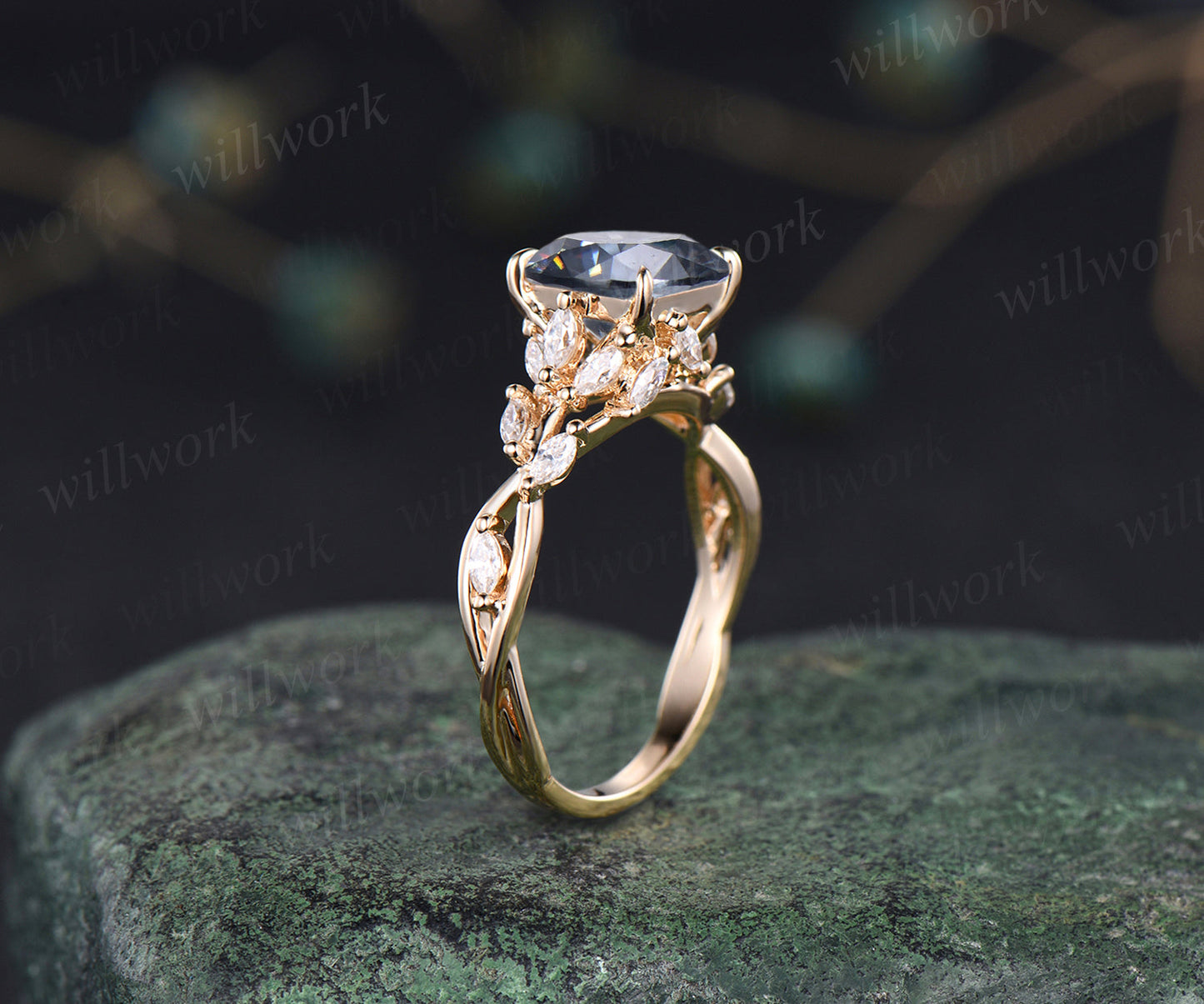 2ct princess cut gray moissanite engagement ring marquise moissanite cluster twig band proposal ring floral nature inspired ring for women