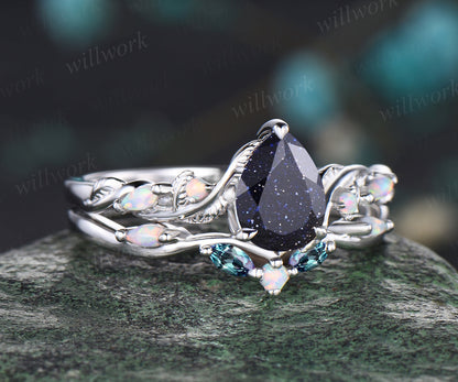 Pear Cut Galaxy Blue Sandstone Engagement Ring Unique Opal Alexandrite Five Stone Wedding Band Art Deco Leaf Vine Twig Branch Nature Inspired 2pcs Bridal Anniversary Ring Set Healing Jewelry