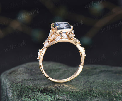 2ct princess cut gray moissanite engagement ring marquise moissanite cluster twig band proposal ring floral nature inspired ring for women