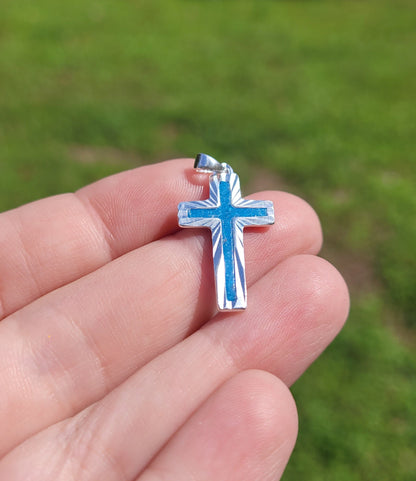 Sterling Sliver Memorial Cross with Blue Glow