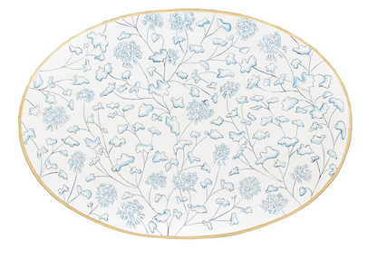 Ivory & Blue Trellis Oval Scalloped Table