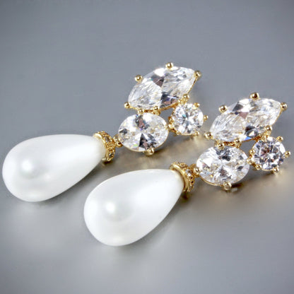 Alexia - Bridal Pearl Drop Earrings - Available in Silver and Yellow Gold