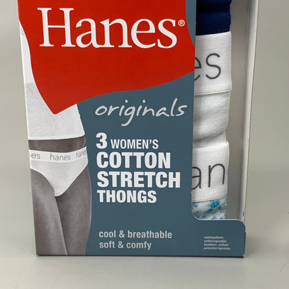 HANES 3 PACK!! Originals Women's Breathable Cotton Stretch Thongs Underwear Sz 6/M Navy/White/Floral 45U0BT