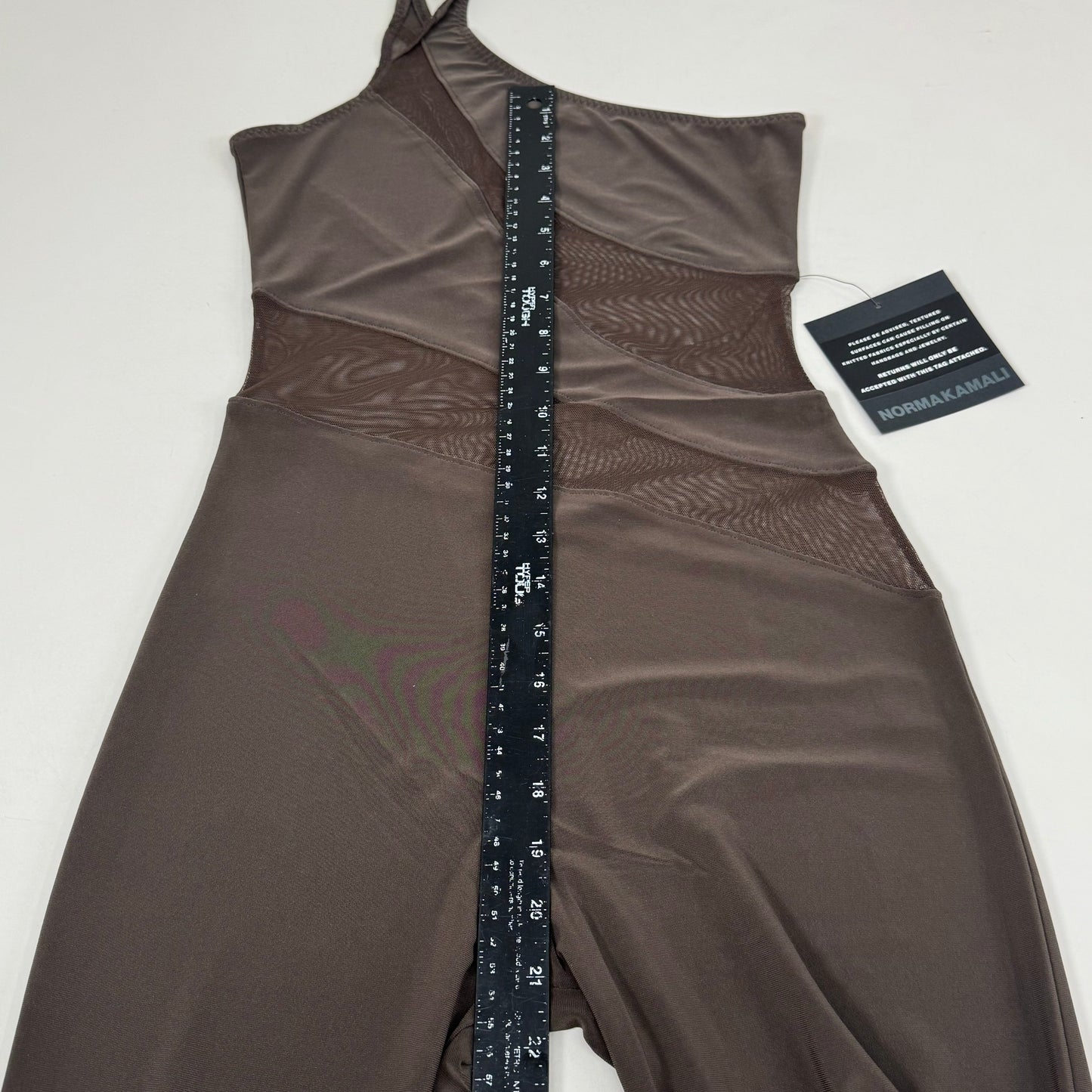 NORMA KAMALI One Shoulder Snake Mesh Catsuit Footsie Women's Sz S/36 Chocolate