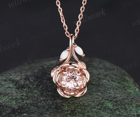 Floral Design Natural Inspired Morganite Necklace Vintage 0.5ct Morganite Opal Leaf Shape 14k Solid rose Gold Pendant Promise Gift Women