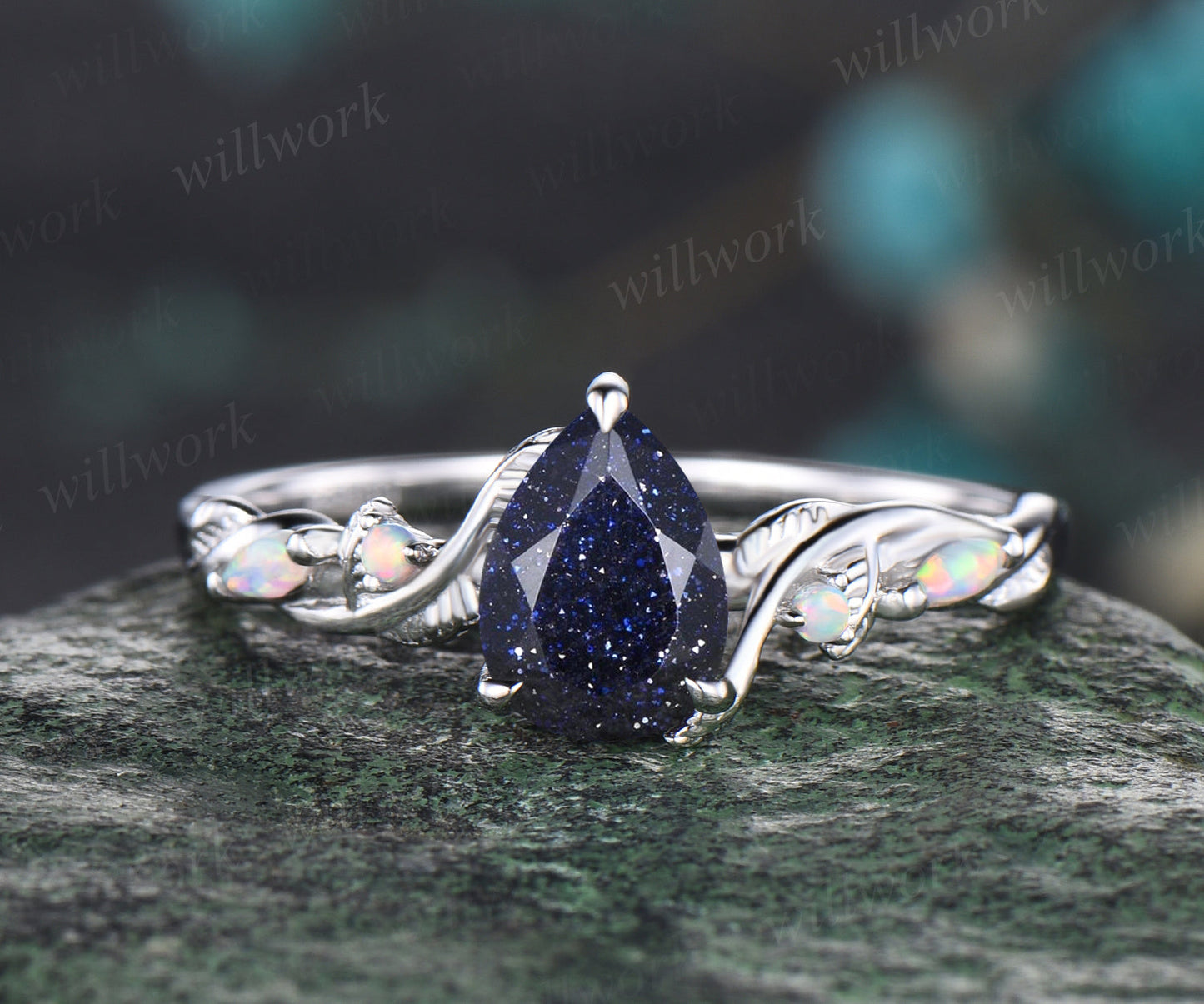 Pear Cut Galaxy Blue Sandstone Engagement Ring Unique Opal Alexandrite Five Stone Wedding Band Art Deco Leaf Vine Twig Branch Nature Inspired 2pcs Bridal Anniversary Ring Set Healing Jewelry