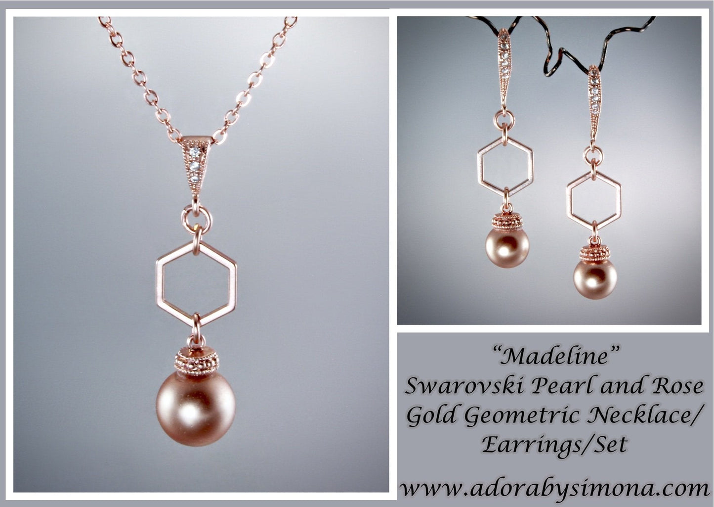 "Madeline" - Rose Gold Pearl Geometric Bridal Necklace and Earrings Set