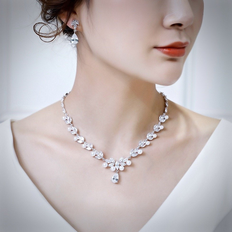 Irene - Silver Cubic Zirconia and Pearl Bridal Jewelry Set