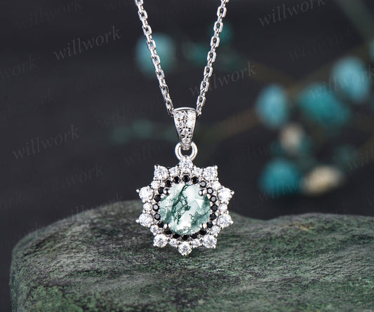 Minimalist Round Moss Agate Necklace Unique 14k White Gold Double Halo Pendant Diamond Black Spinel Moissanite Bridal Promise Necklace Gift