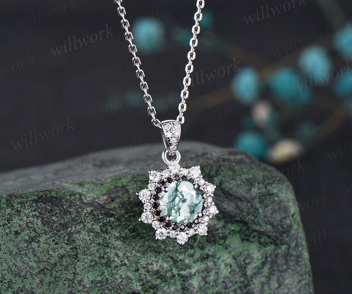 Minimalist Round Moss Agate Necklace Unique 14k White Gold Double Halo Pendant Diamond Black Spinel Moissanite Bridal Promise Necklace Gift