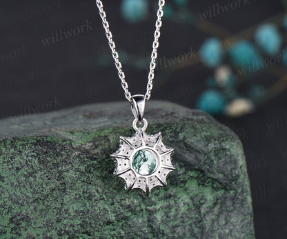 Minimalist Round Moss Agate Necklace Unique 14k White Gold Double Halo Pendant Diamond Black Spinel Moissanite Bridal Promise Necklace Gift
