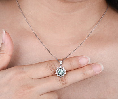 Minimalist Round Moss Agate Necklace Unique 14k White Gold Double Halo Pendant Diamond Black Spinel Moissanite Bridal Promise Necklace Gift