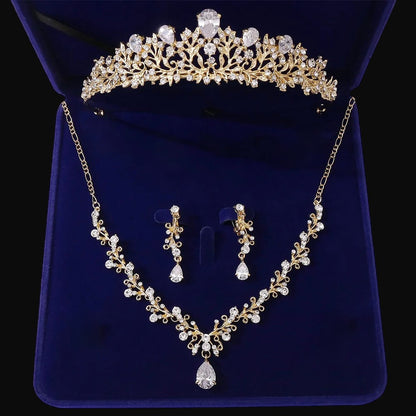 Brianna - Bridal 3-Piece Jewelry Set With Tiara - Available in Gold and Silver