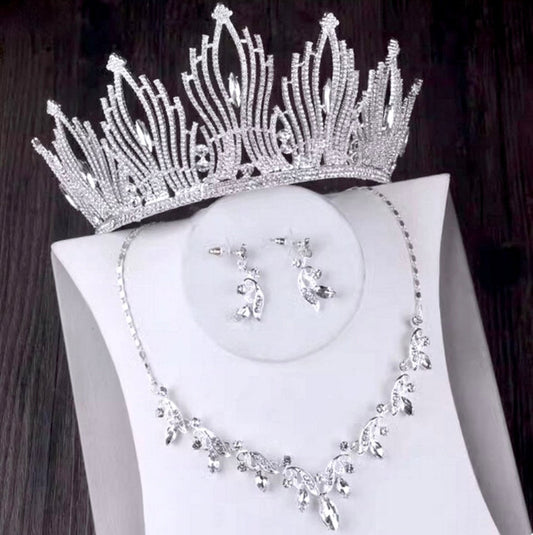 Edyta - Silver Cubic Zirconia 3-Piece Bridal Jewelry Set With Tiara