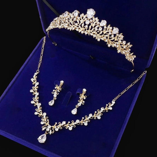 Brianna - Bridal 3-Piece Jewelry Set With Tiara - Available in Gold and Silver