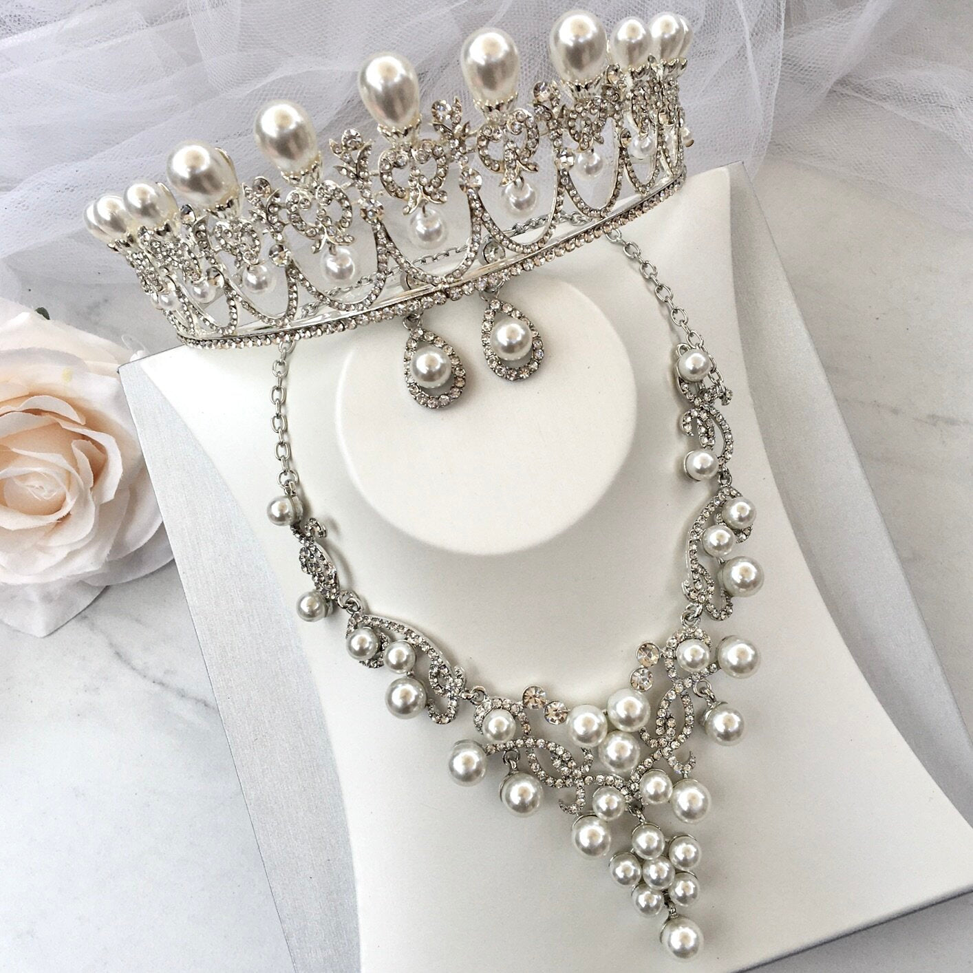 "Myla" - Pearl 3-Piece Bridal Jewelry Set With Tiara