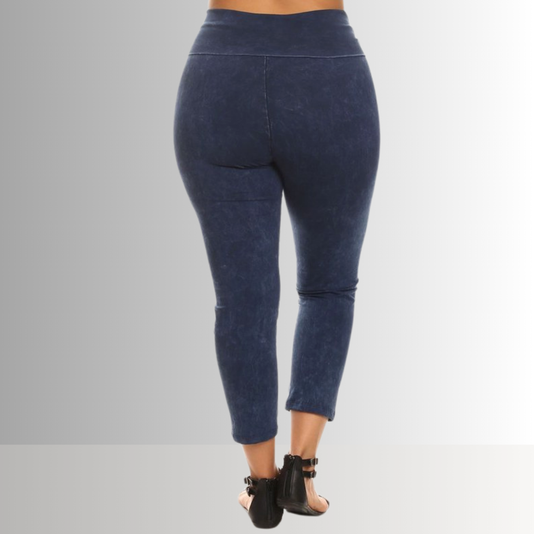 Fold Over Waist Mineral Washed Capri Leggings Made in USA Plus Size
