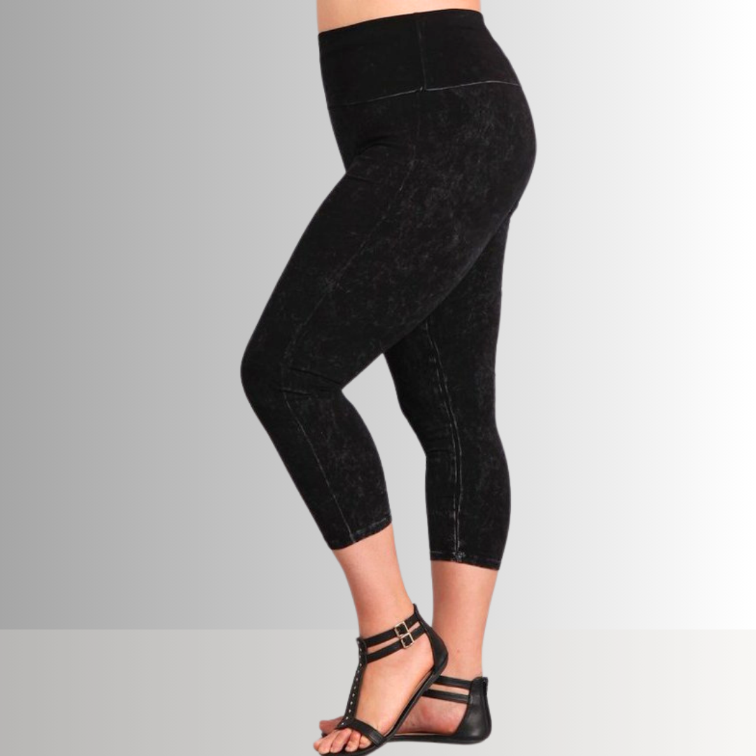 Fold Over Waist Mineral Washed Capri Leggings Made in USA Plus Size