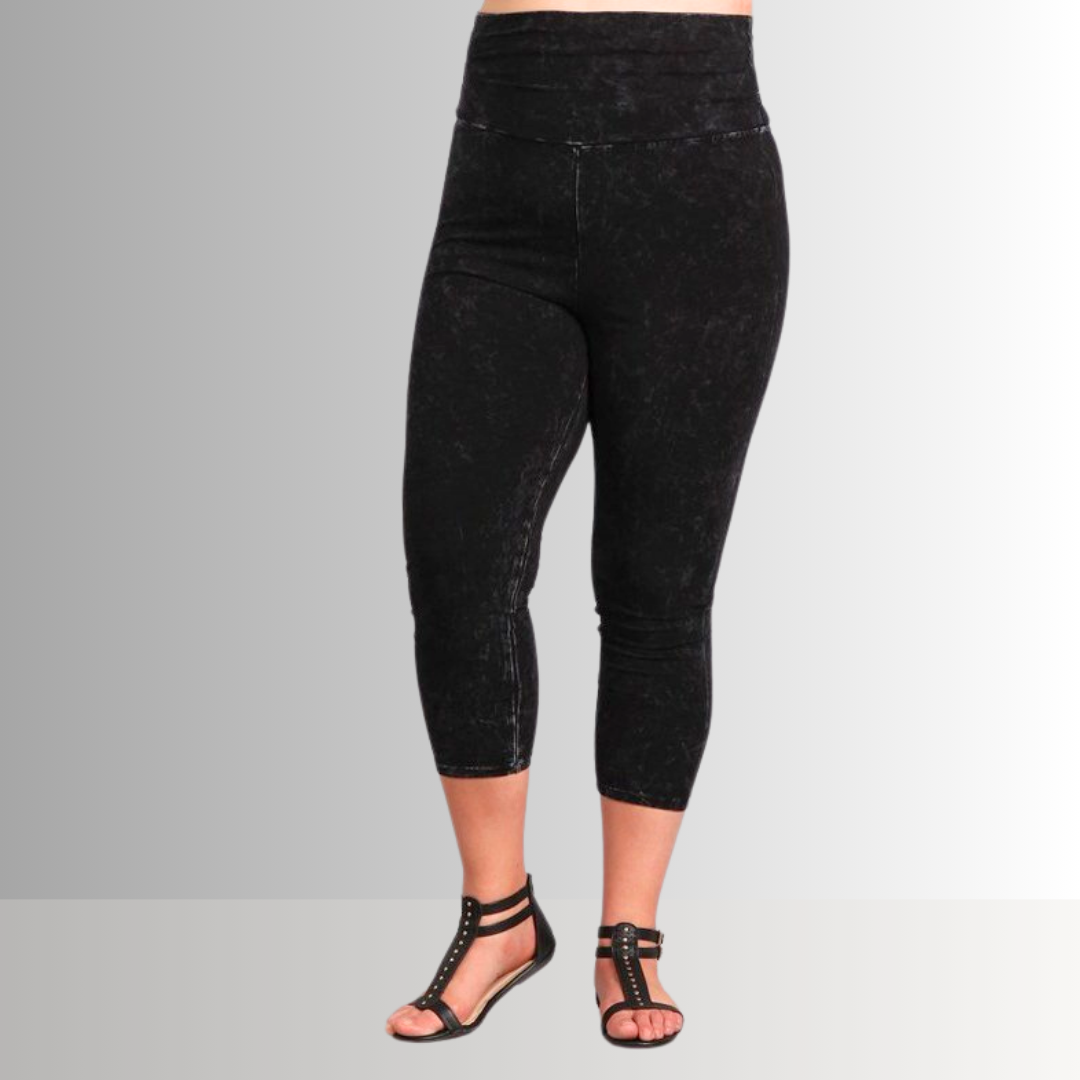 Fold Over Waist Mineral Washed Capri Leggings Made in USA Plus Size