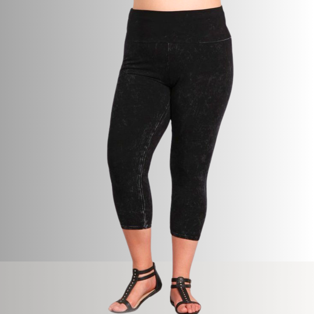 Fold Over Waist Mineral Washed Capri Leggings Made in USA Plus Size