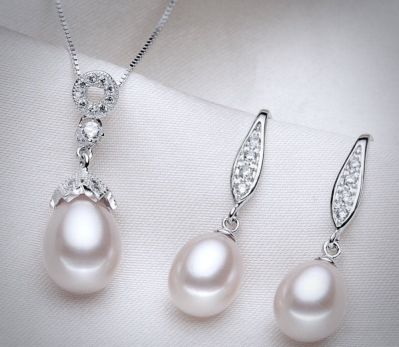 "Deana" - Sterling Silver and Natural Pearl Bridal Jewelry Set - More Colors Available