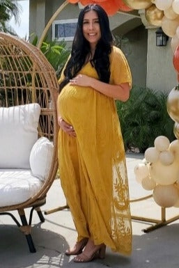 PinkBlush Mustard Lace Mesh Overlay Maternity Maxi Dress